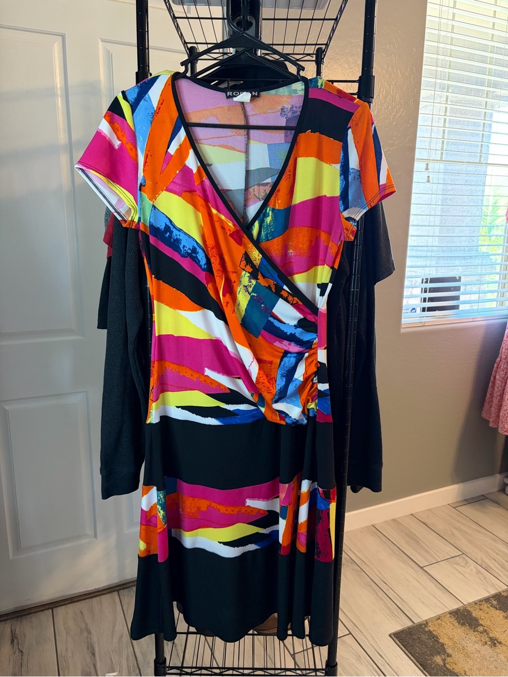 Rodan + Fields Black Midi Dress with Pink Orange Yellow Blue Stripes